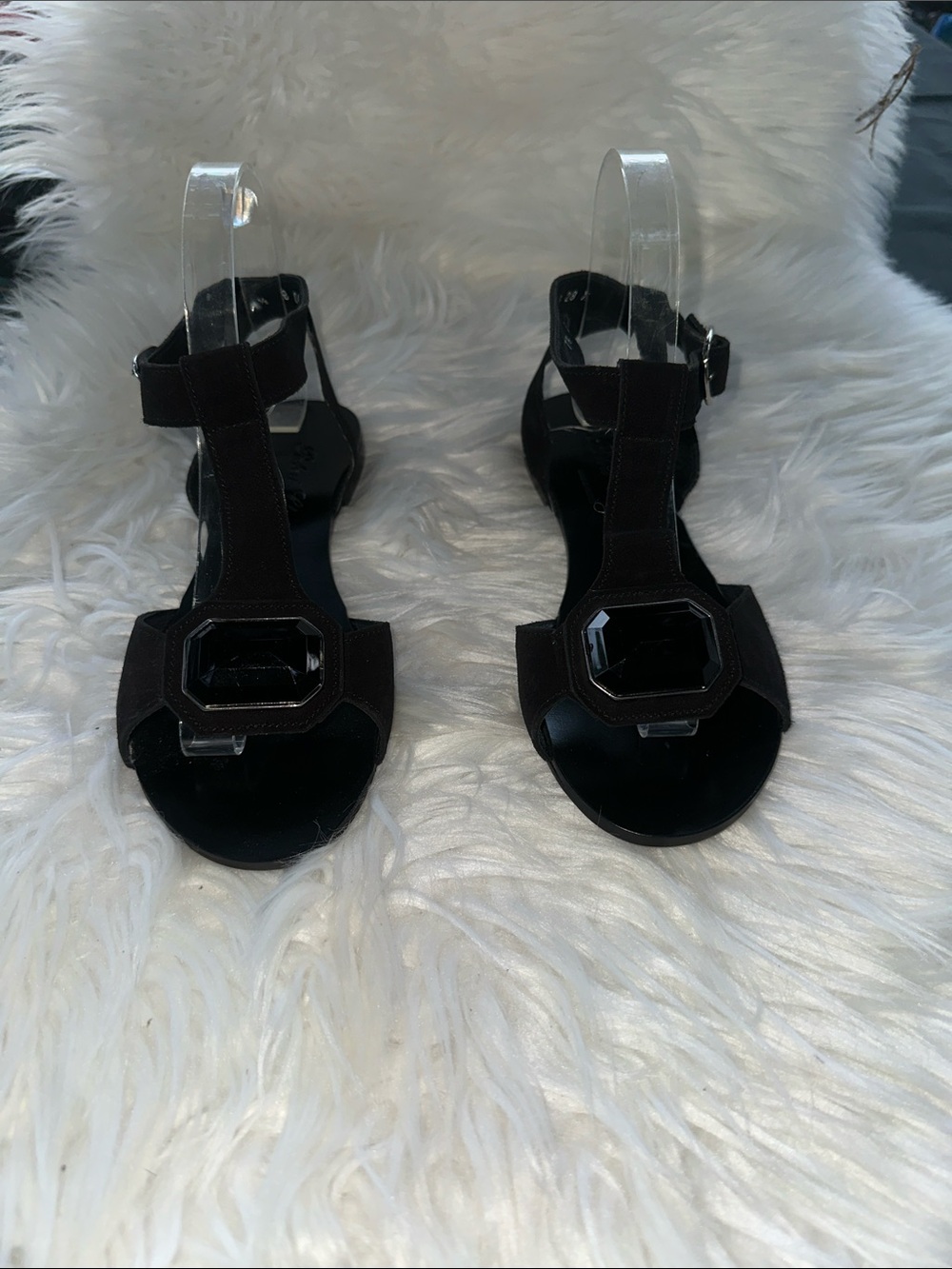 Robert Clergerie Women’s Black T-Strap Suede Sandals with Gem Accent